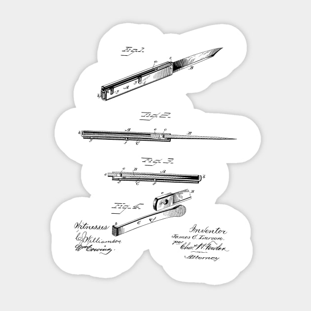 Folding Knife Vintage Patent Hand Drawing Sticker by TheYoungDesigns